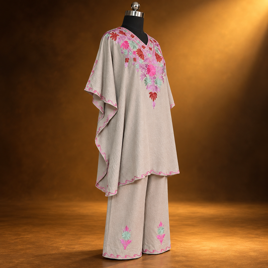 Floral Beige Grey Kashmiri Kaftan Set for Women