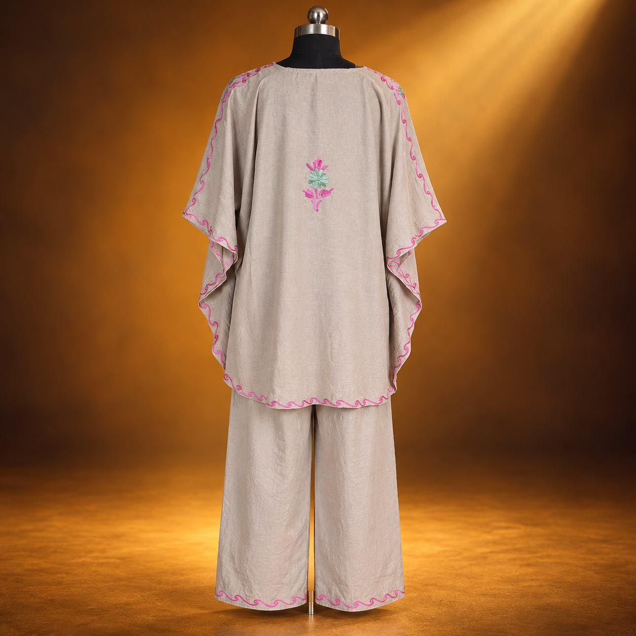 Beige Grey Aari Embroidered Short Kaftan with Matching Trouser
