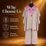Beige Grey Floral Short Crush Kashmiri Kaftan Set