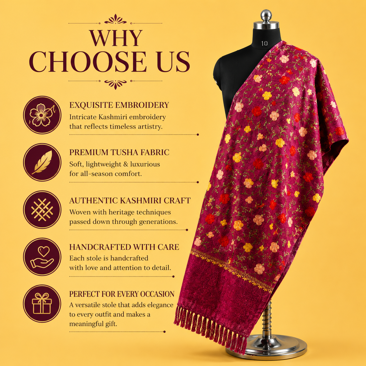 Elegant Berry Kashmiri stole with traditional Jali Tusha embroidery
