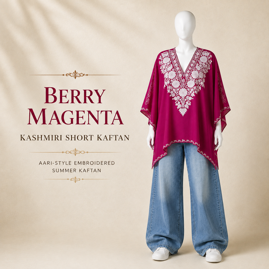 Berry Magenta Kashmiri short kaftan for women with elegant Aari embroidery