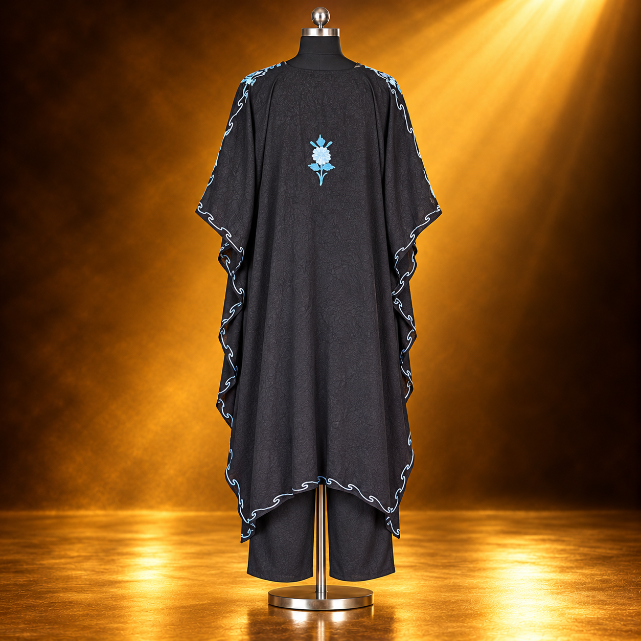 Black Blue Kashmiri Crush Kaftan Embroidery Detail