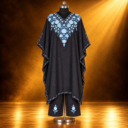 Black Blue Long Kaftan with Floral Aari Work
