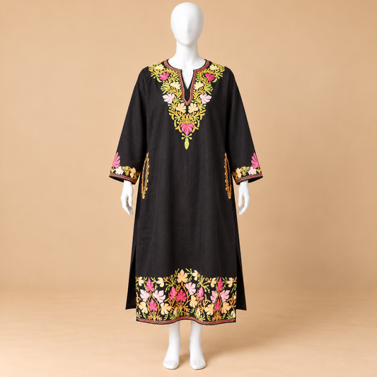 Black Kashmiri Pheran for Women with Traditional Aari Work