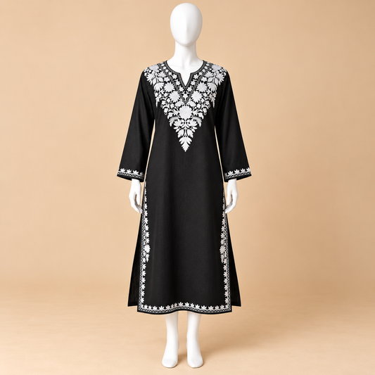 Black Summer Cotton Kashmiri Kurti with White Floral Neckline