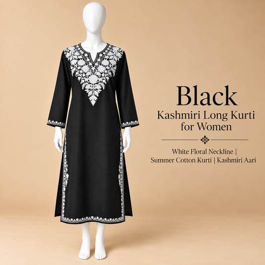 Black Kashmiri Long Kurti for Women with White Floral Neckline