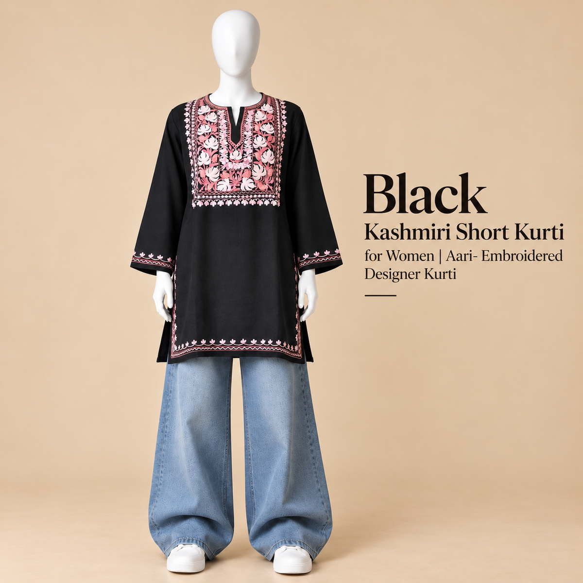 Black Kashmiri Short Kurti for Women with Aari Embroidery