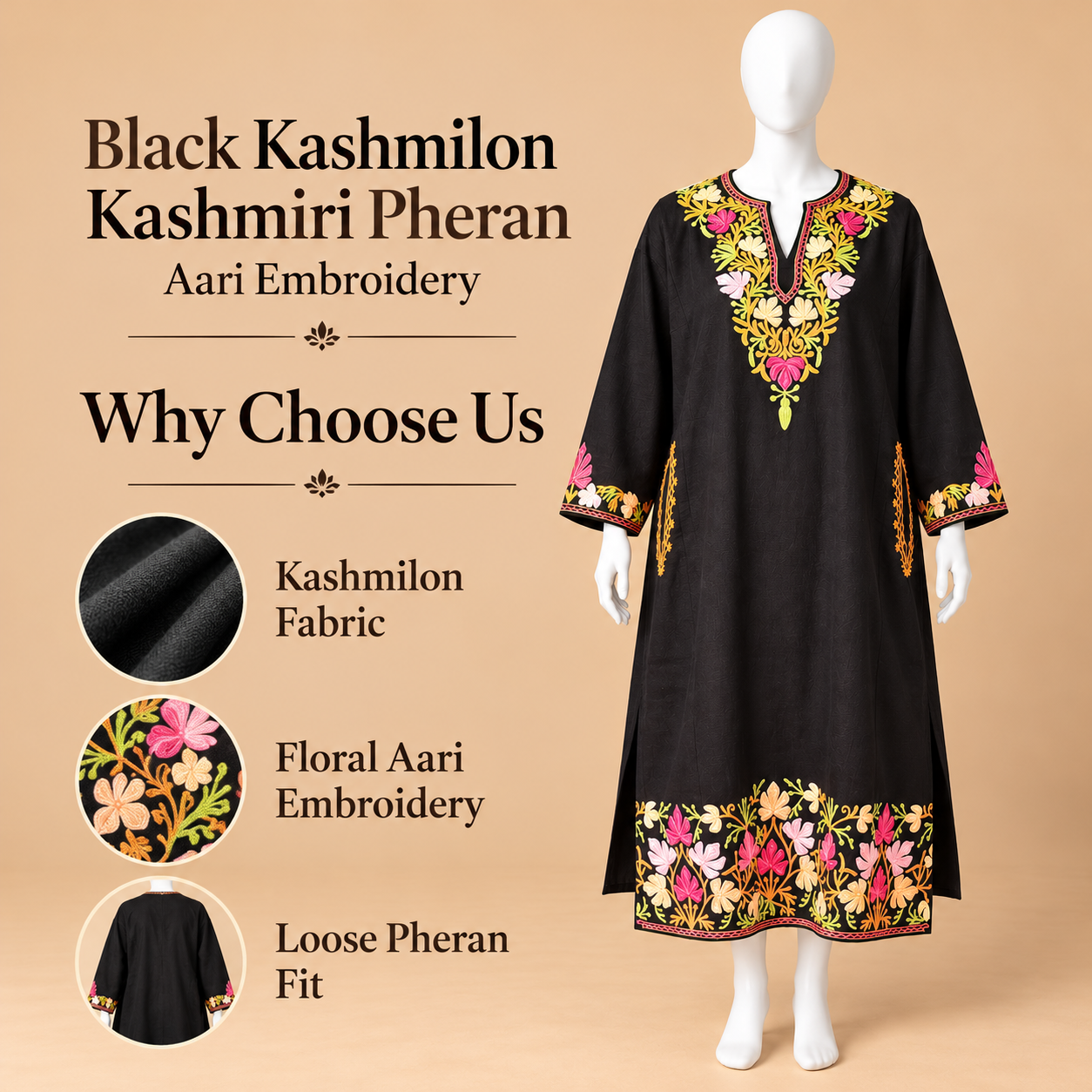 Women's Black Kashmilon Pheran Front View
