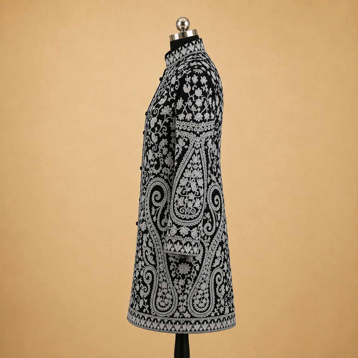 Elegant Black Matka Silk jacket with detailed Kashmiri embroidered Jaal work