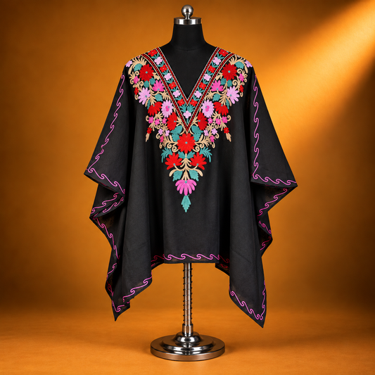 Black Multicolour Kashmiri Short Kaftan for Women