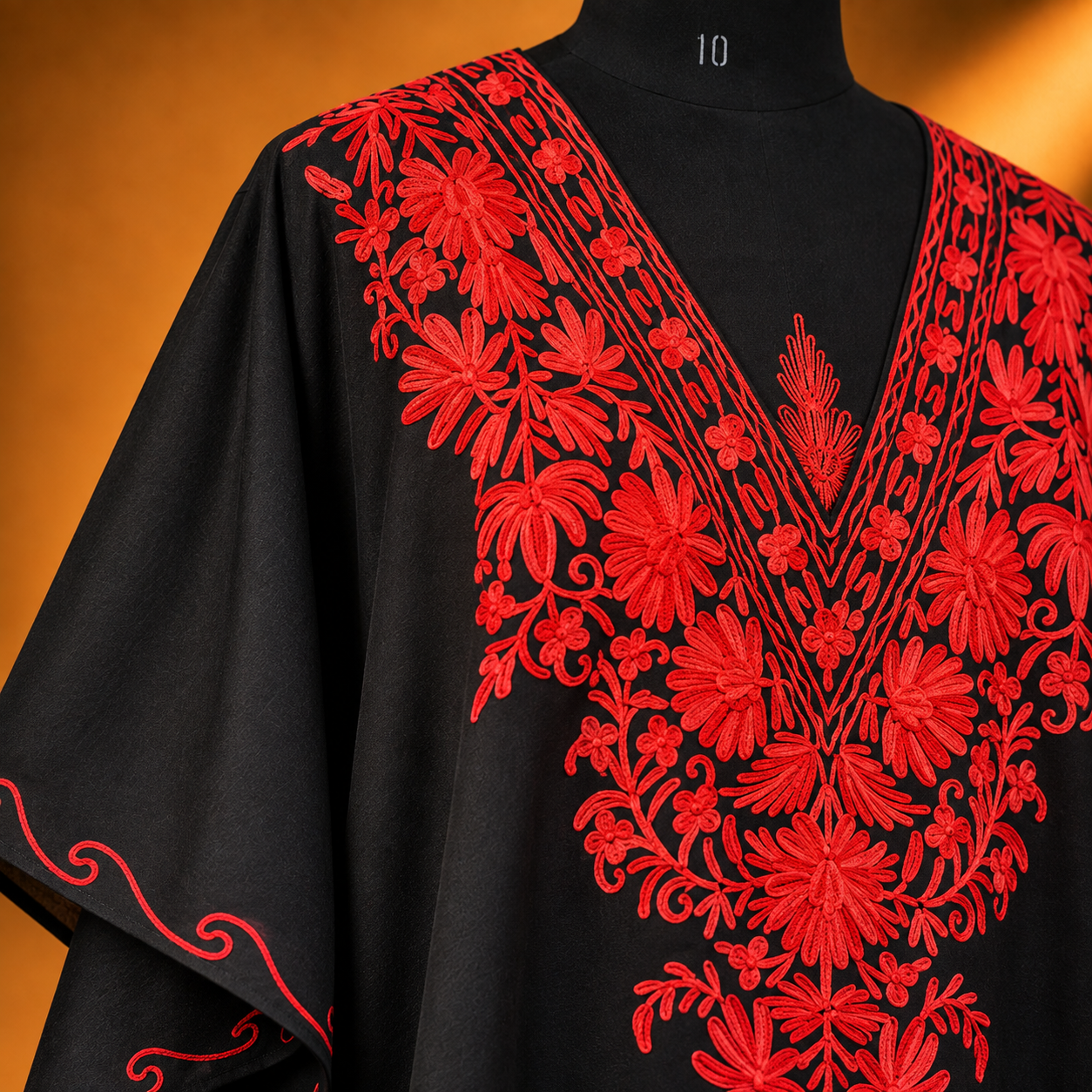 Black & Red Aari Work Short Kaftan