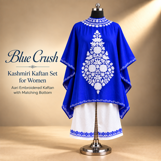 Blue Crush Kashmiri Kaftan Set for Women with Aari Embroidery