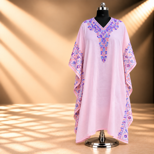 Blush Pink Aari Embroidered Tie-Dye Crush Kashmiri Long Kaftan