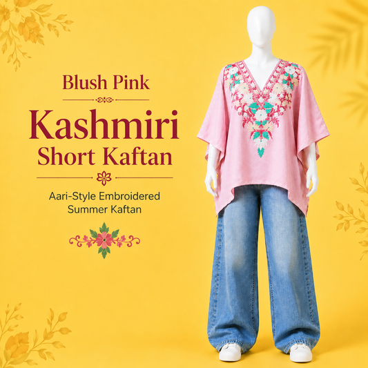 Blush Pink Kashmiri short kaftan for women with elegant Aari-style embroidery