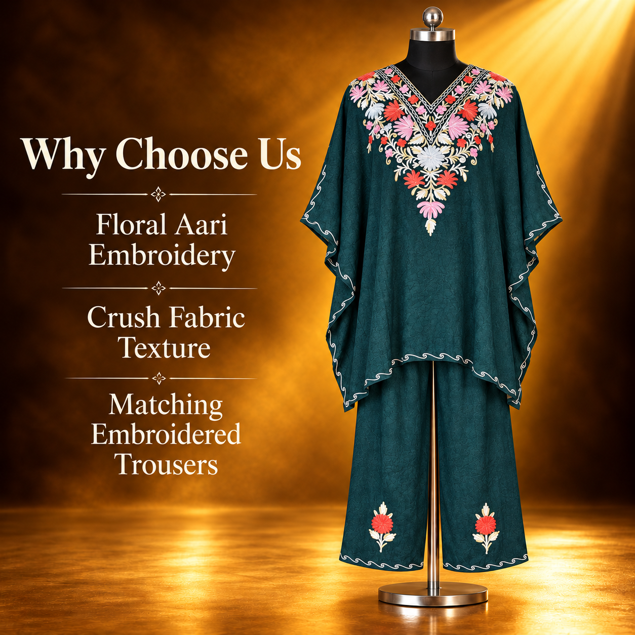 Bottle Green Short Crush Kashmiri Kaftan Set