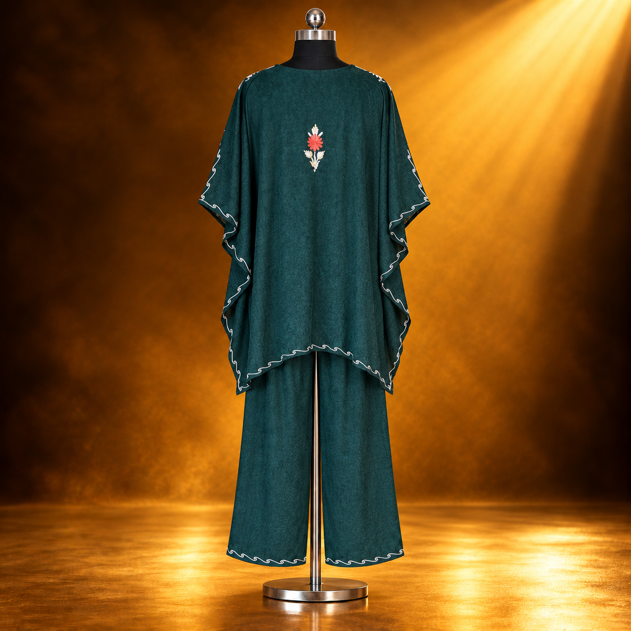 Women's Bottle Green Aari Work Kaftan Set Front View