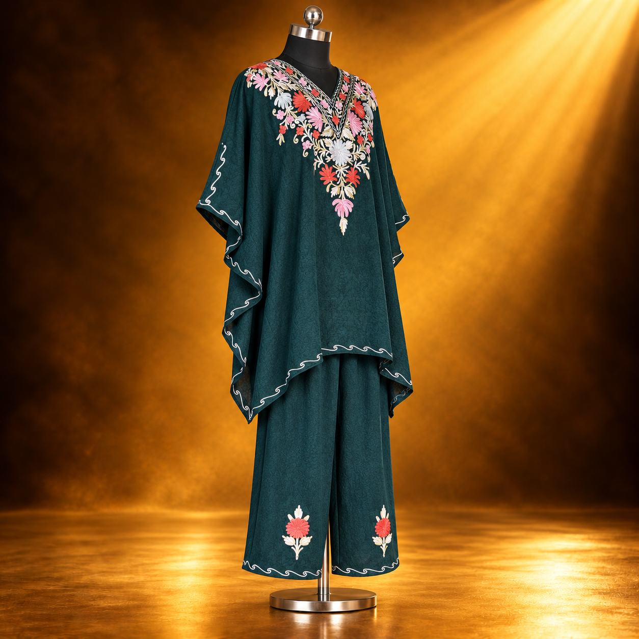 Bottle Green Aari Embroidered Kaftan with Matching Trouser