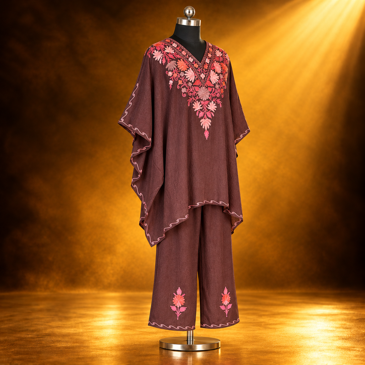 Brown Pink Aari Embroidered Short Kaftan with Matching Trouser