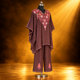 Brown Pink Aari Embroidered Short Kaftan with Matching Trouser