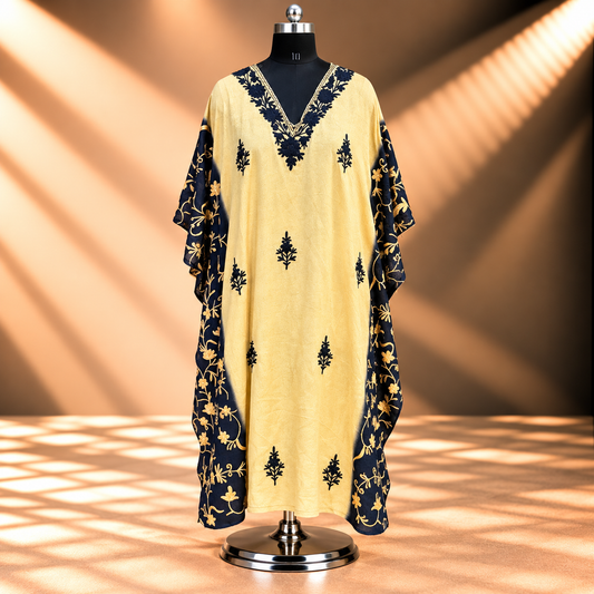 Butter Yellow Aari Embroidered Kashmiri Tie-Dye Long Kaftan