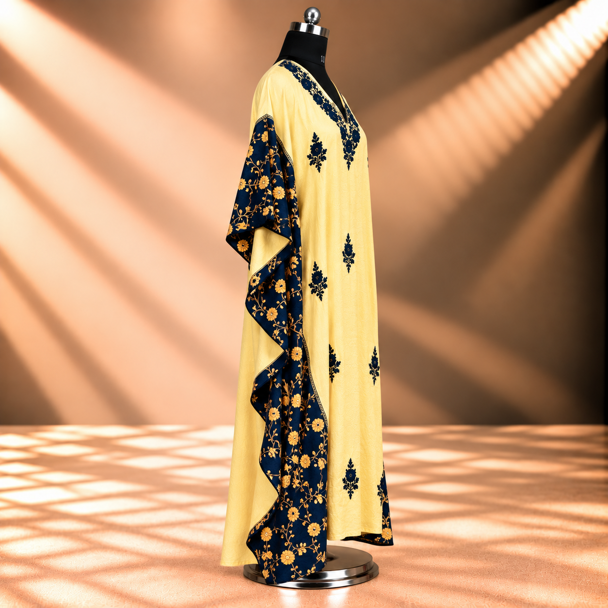 Butter Yellow Kashmiri Long Kaftan | Tie-Dye & Aari Embroidery