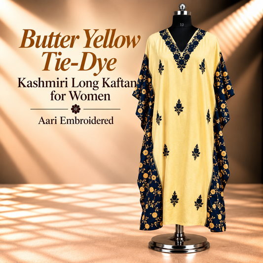Butter Yellow Tie-Dye Kashmiri Long Kaftan for Women with Aari Embroidery