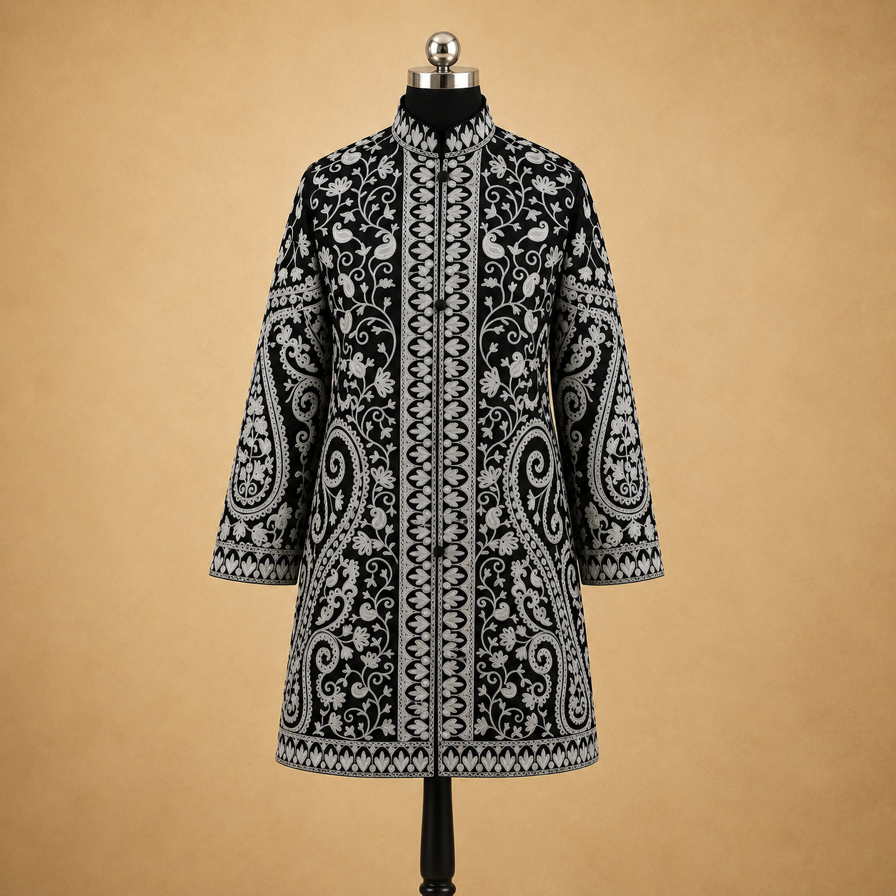 Premium Black Matka Silk jacket featuring elegant Kashmiri Jaal work