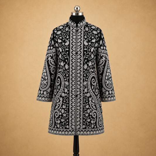 Premium Black Matka Silk jacket featuring elegant Kashmiri Jaal work
