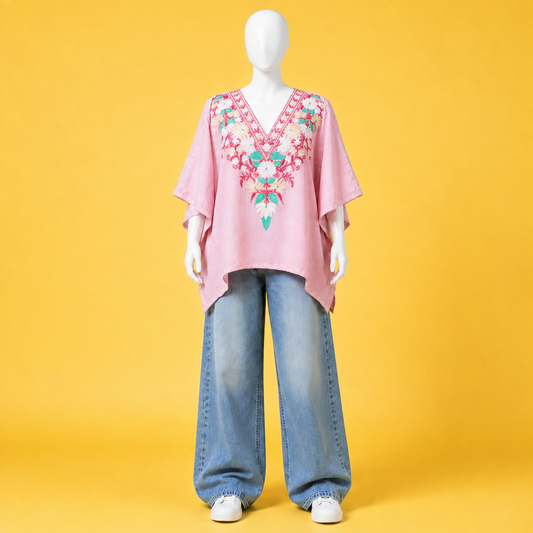Premium Blush Pink Kashmiri short kaftan with beautiful embroidered detailing