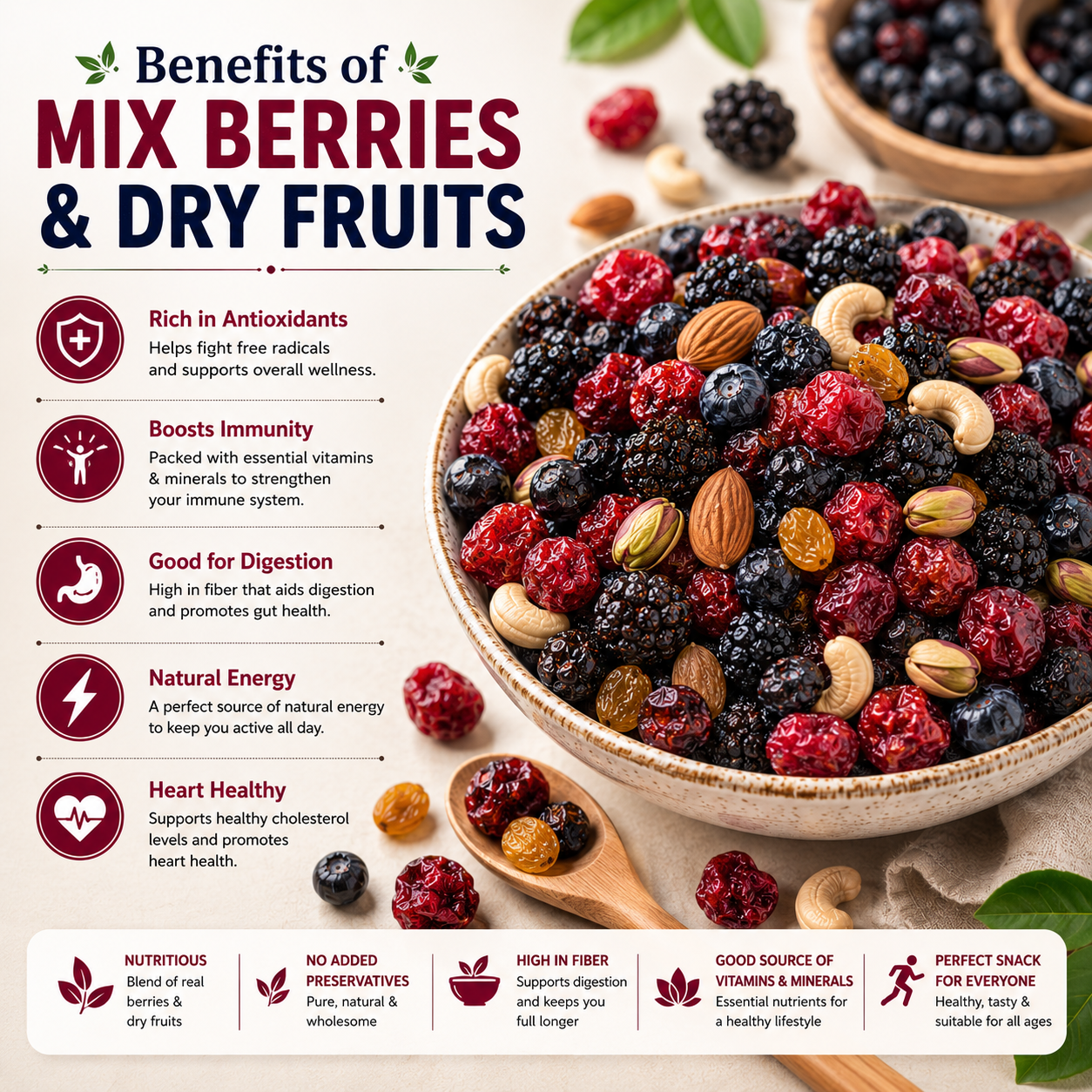 Mixed dry fruits with premium blueberry blackberry and rose berry blend