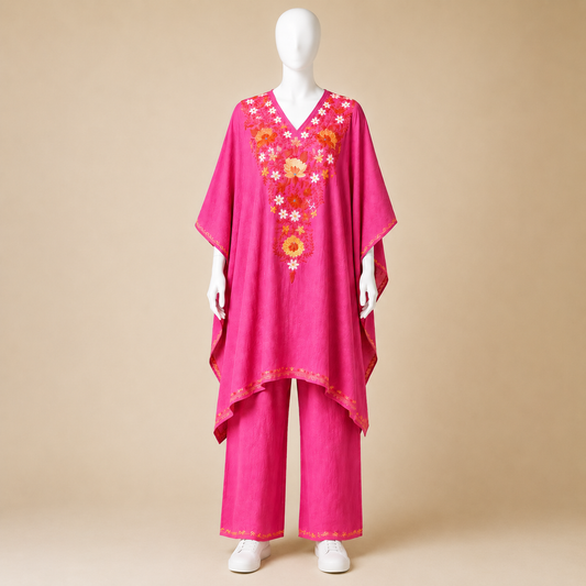Women's Fuchsia Pink long kaftan set with Kashmiri Aari embroidery and trouser