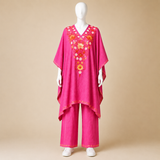 Women's Fuchsia Pink long kaftan set with Kashmiri Aari embroidery and trouser