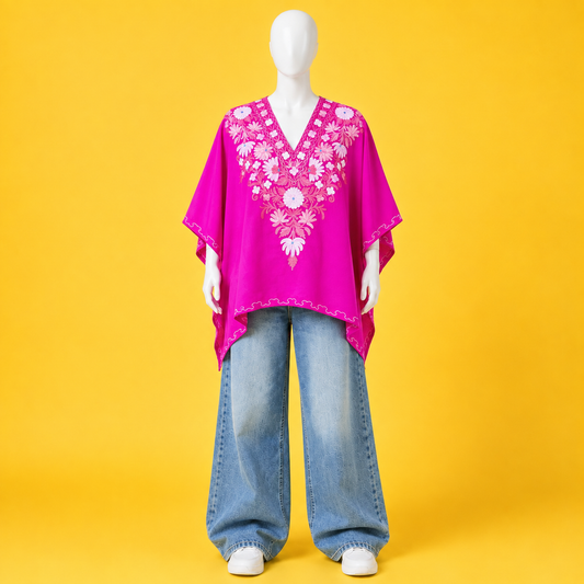 Women's Fuchsia Pink short kaftan with beautiful Kashmiri Aari-style embroidery