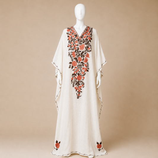 Women's Ivory Coral Crush long kaftan with beautiful Kashmiri embroidery