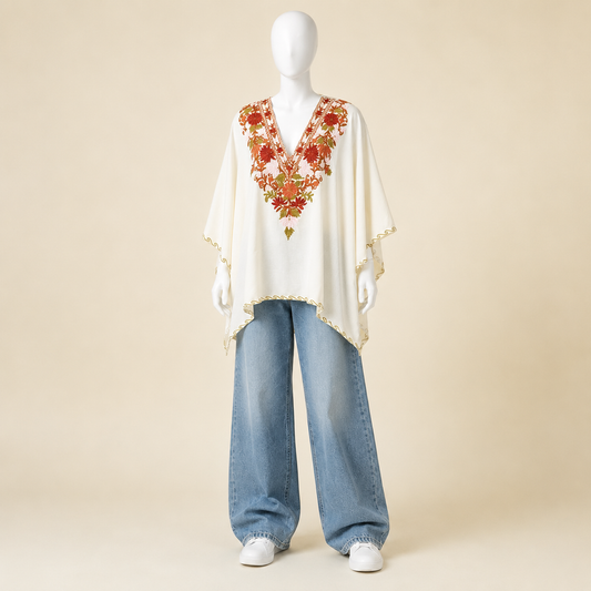 Women's Ivory Rust floral short kaftan with elegant Kashmiri Aari-style embroidery