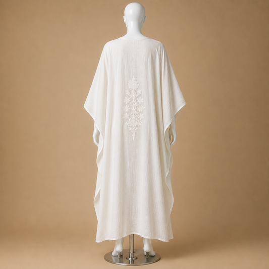 Women's Ivory Tonal long kaftan with beautiful Kashmiri Aari embroidery