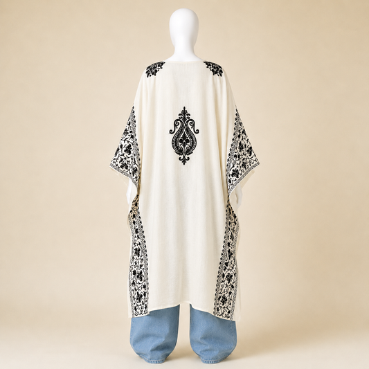Women's Ivory White long kaftan with intricate Kashmiri Aari embroidery