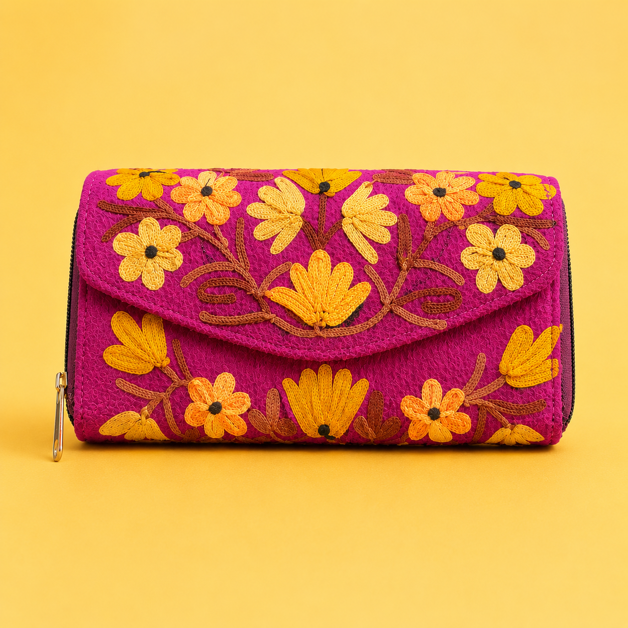 Premium Magenta Kashmiri clutch featuring elegant Aari embroidery