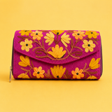 Premium Magenta Kashmiri clutch featuring elegant Aari embroidery