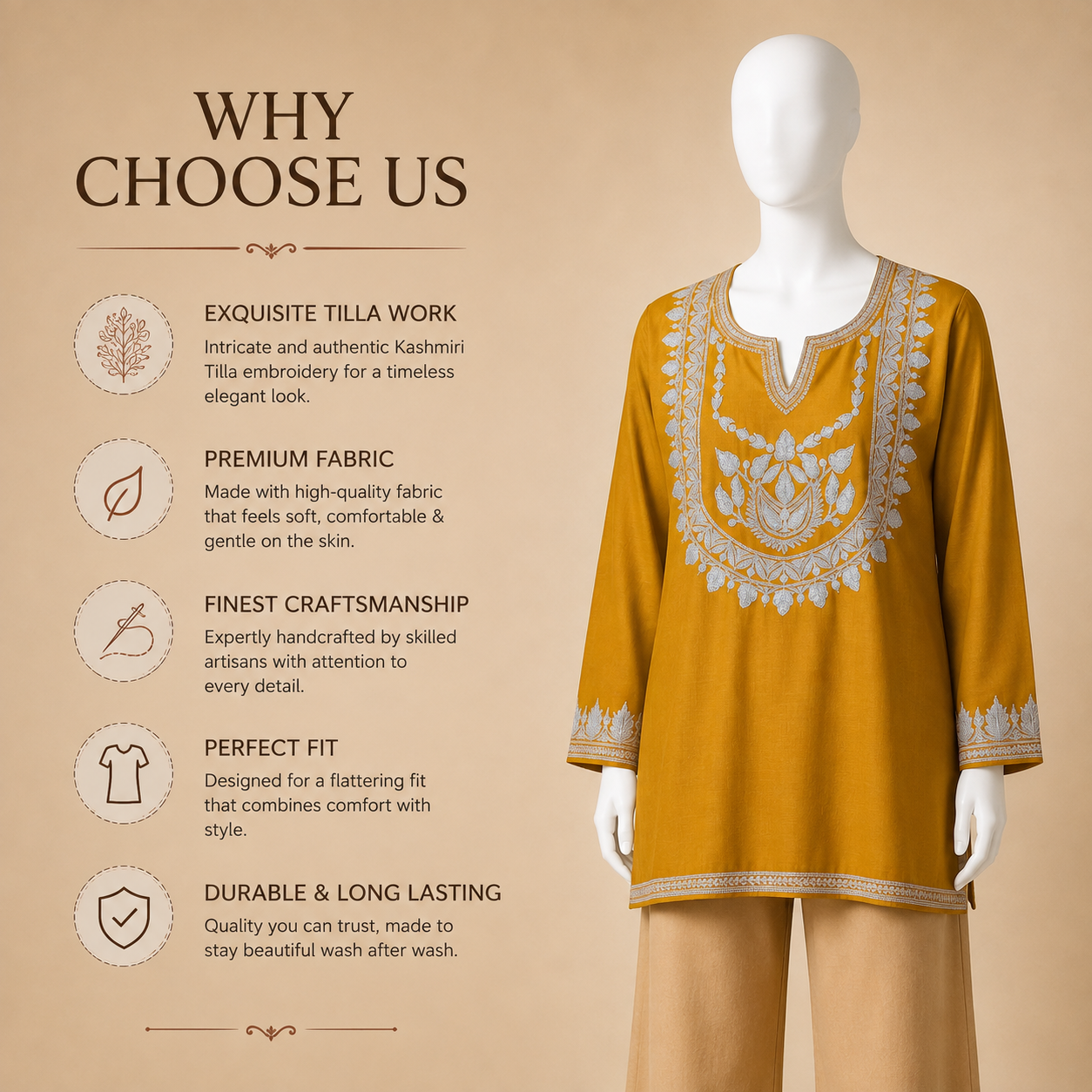 Women's Mustard short kurti featuring traditional Kashmiri Tilla work