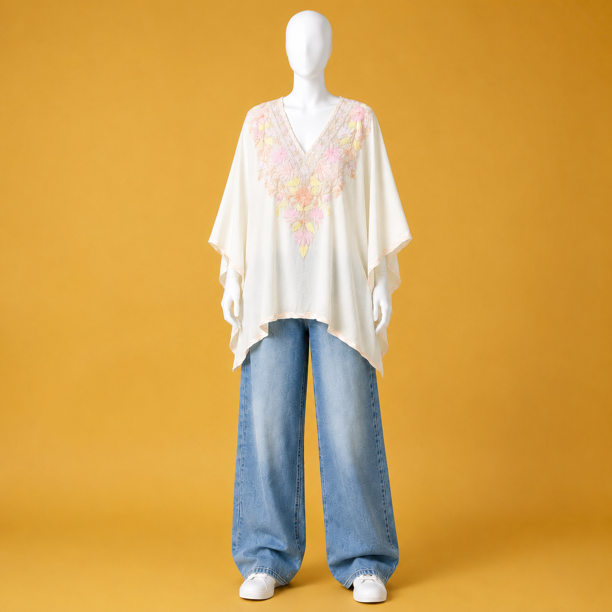 Off-White Pastel Kashmiri short kaftan featuring delicate floral embroidered detailing