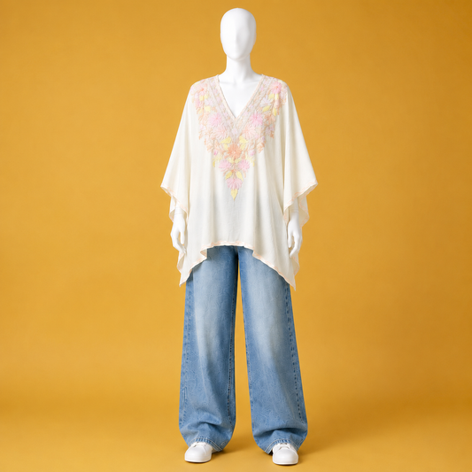 Off-White Pastel Kashmiri short kaftan featuring delicate floral embroidered detailing