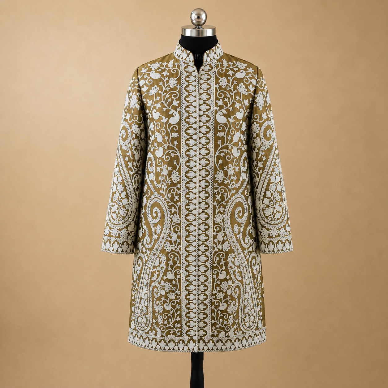 Premium Olive Matka Silk jacket featuring elegant Kashmiri Jaal work