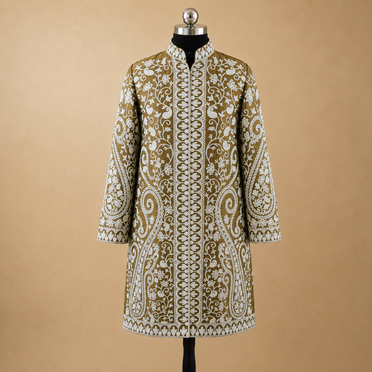 Premium Olive Matka Silk jacket featuring elegant Kashmiri Jaal work