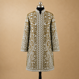 Premium Olive Matka Silk jacket featuring elegant Kashmiri Jaal work