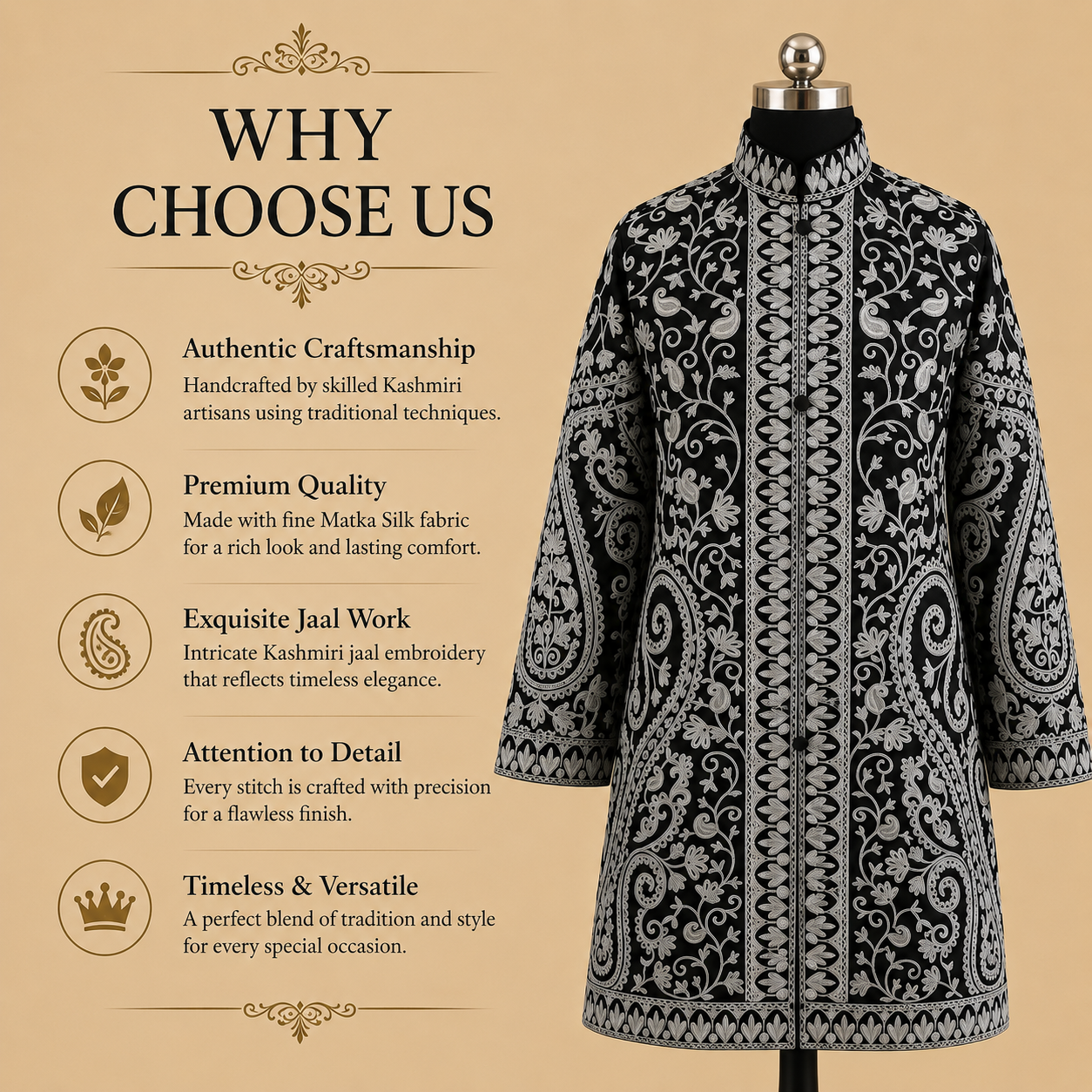 Women's Black Matka Silk jacket with intricate traditional Kashmiri embroidery