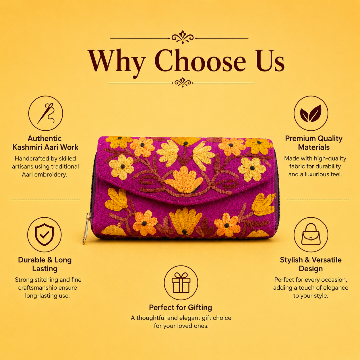 Women's Magenta clutch featuring beautiful traditional Kashmiri embroidery