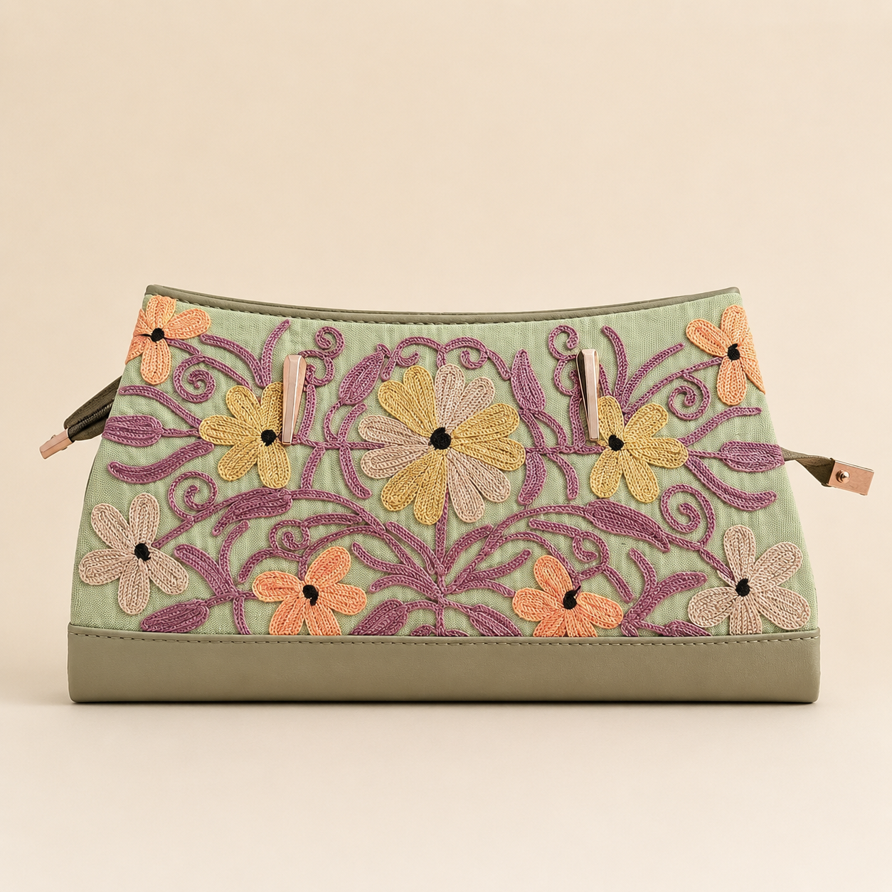 Premium Sage Green Kashmiri clutch featuring intricate Aari embroidery