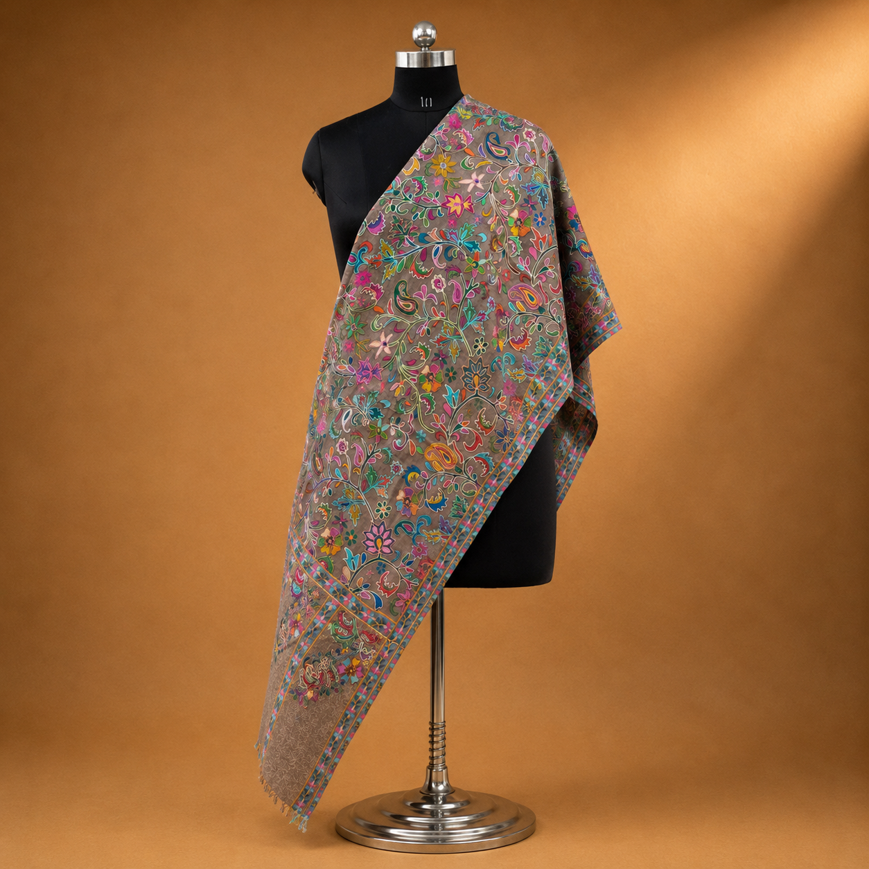 Premium Taupe Kalamkari stole featuring beautiful Kashmiri embroidery