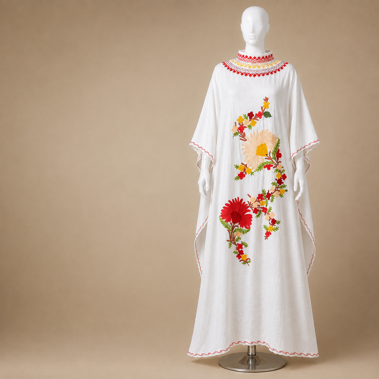 Women's White Bloom long kaftan with full-neck design and Kashmiri Aari embroidery